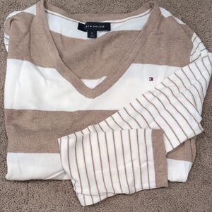 Tommy Hilfiger Women's V-Neck Sweater - Tan and Cream Stripes
